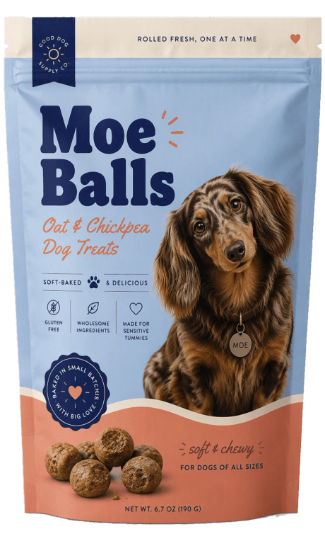 A stand-up bag of Moe Balls peanut butter dog treats