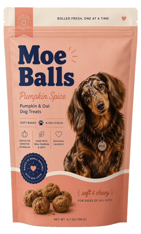 A stand-up bag of Moe Balls pumpkin spice dog treats
