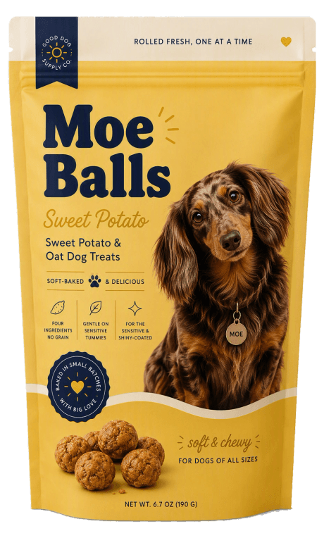 A stand-up bag of Moe Balls sweet potato dog treats